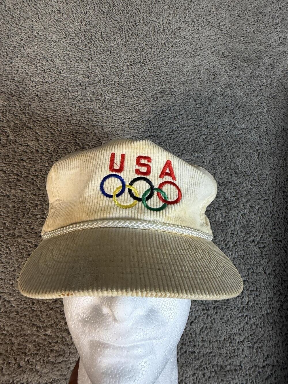 Clutch Hat Cap Strap Back Mens One Size Beige Corduroy USA Olympic Embroidered
